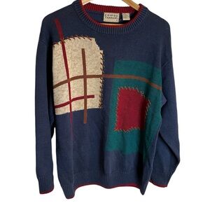 Vintage Cotton Traders  Navy Blue Sweater with Multicolor Patchwork Size Medium